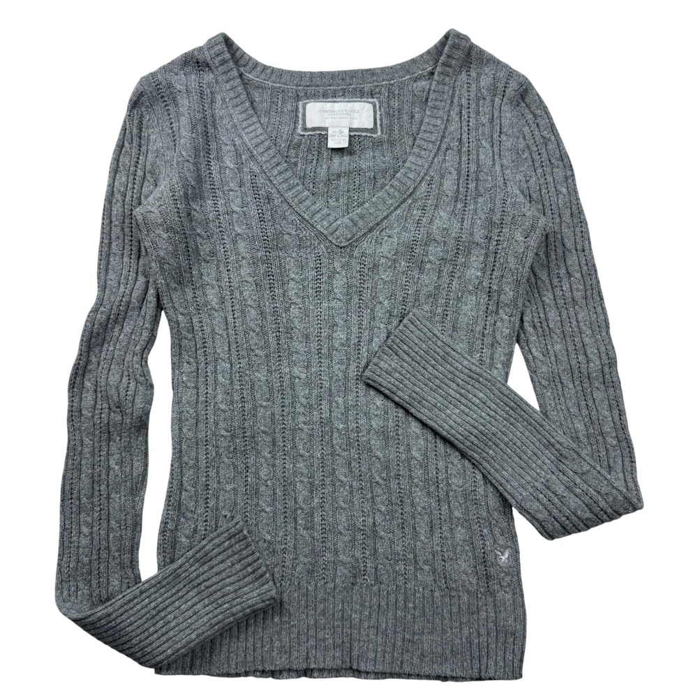 VTG Y2K American Eagle Gray Cable Knit V-Neck Sweater Fitted Long Sleeve XS